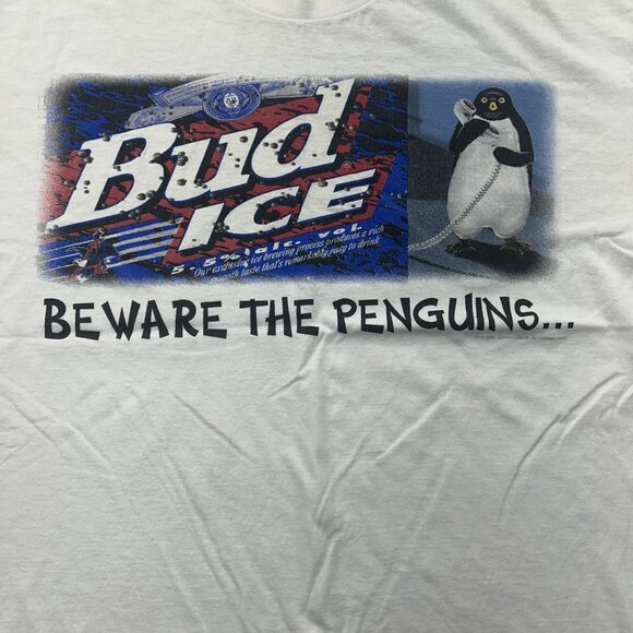 Vintage Bud Ice Shirt Mens XL White Beware The Penguins Wild Oats Beer Promo 90s - Picture 3 of 15